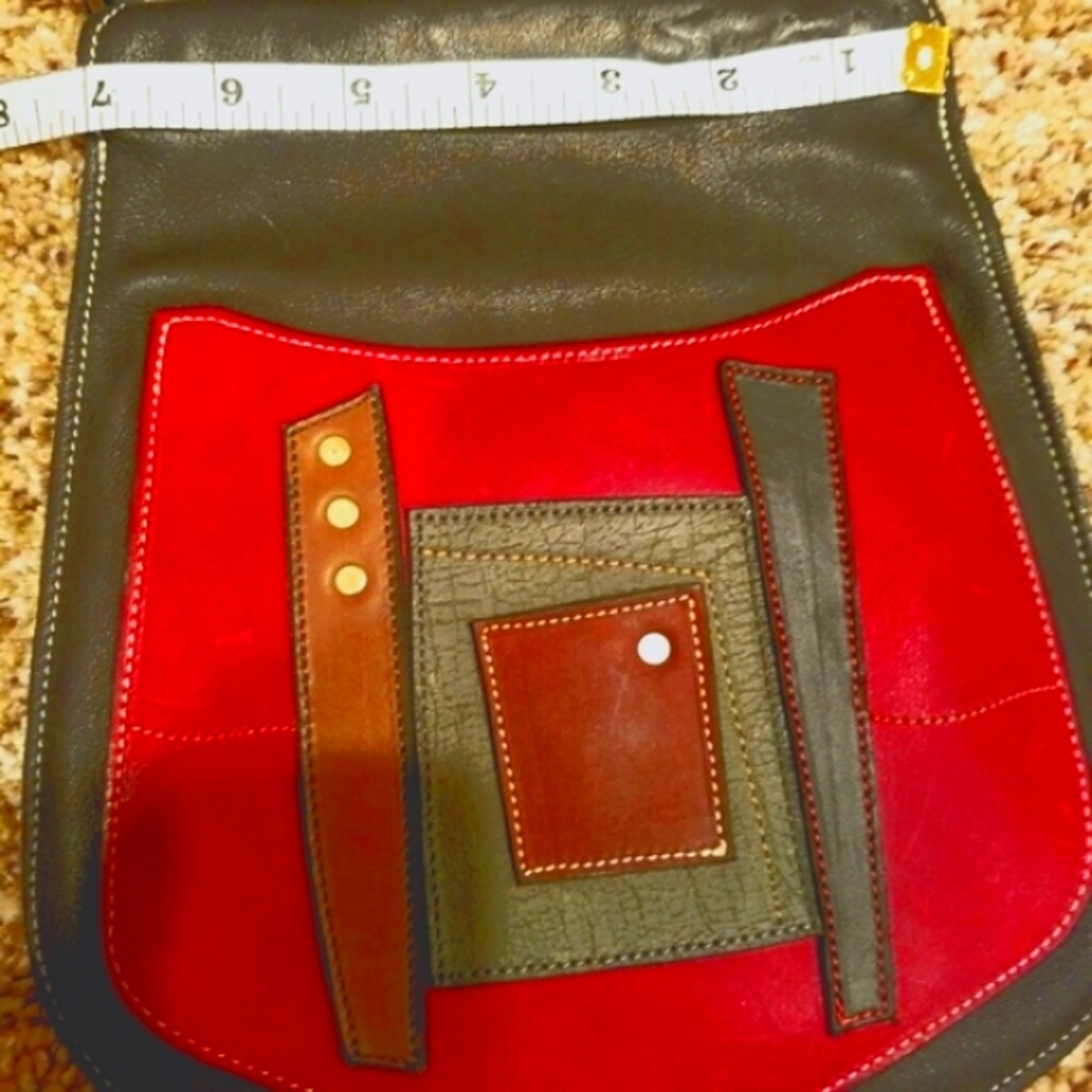 Red Patch Colorblock 100% Leather Shoulder Bag Handmade One of a Kind. - Picture 8 of 12